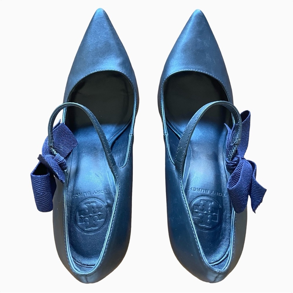 Tory Burch Beverly Navy Leather Bow Mary Jane Pumps Size 9 Pointed Toe Heels - Picture 7 of 10